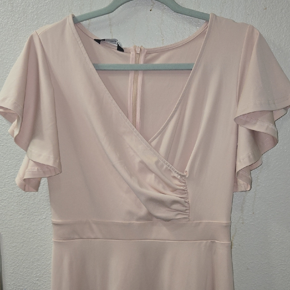 Pink Ruched Flutter Sleeve Midi Dress for Wedding Guests